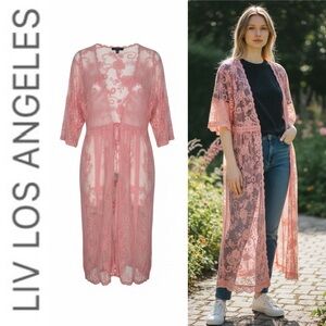 LIV LOS ANGELES Pink Lace Kimono Robe Duster m